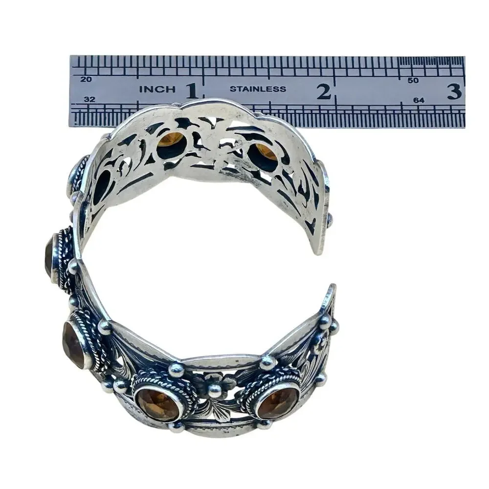 Peruzzi Florence 800 Silver Citrine Ornate Floral Motif Bracelet Cuff Vtg Signed